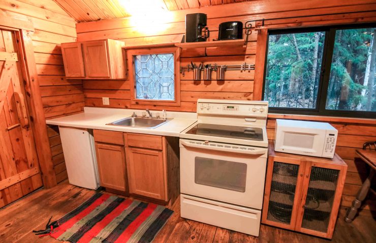 interior photo of Hideaway cabin kitchen with stove