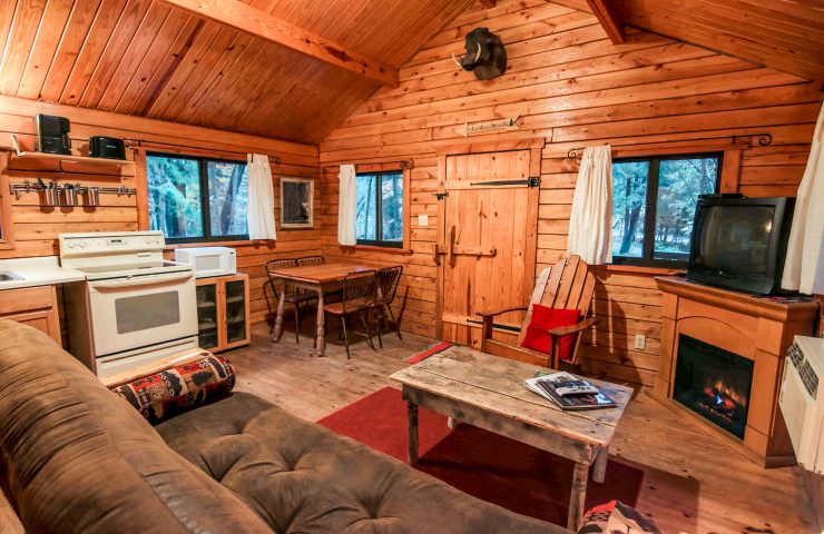 interior photo of Hideaway cabin with dining table and front door